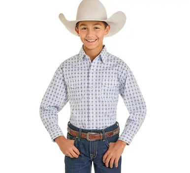 Panhandle Slim® Boys' L/S White/Blue Diamond Print Snap Shirt - Kids