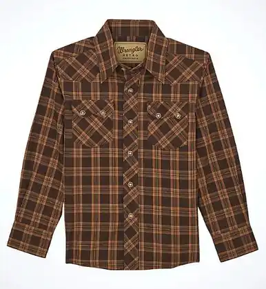 Wrangler Retro® Boys' L/S Brown Plaid Snap Shirt - Kids