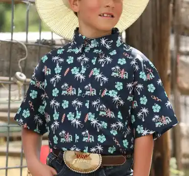 Cinch® Boys' S/S Navy Palm Tree Print Button Arenaflex Shirt - Kids