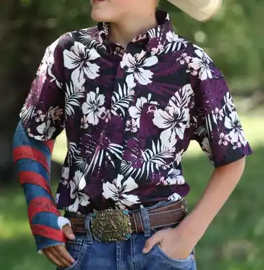 Cinch® Boys' S/S Black/Purple Floral Print ArenaFlex Button Shirt - Kids