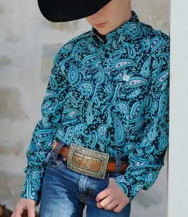 Cinch® Boys' L/S Black/Turq Paisley Print Button Shirt - Kids