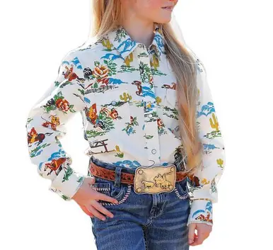 Cruel Denim® Girls' L/S Cream Western Print Snap Shirt - Kids
