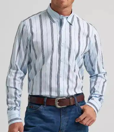 Wrangler® Men's L/S Baby Blue/Black Stripe CoJo Button Shirt - Mens