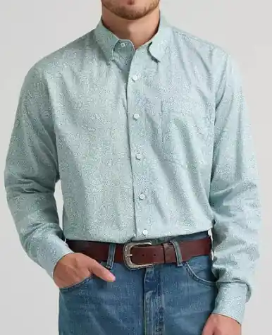 Wrangler® Men's L/S Moss Green/White Paisley Print Button Shirt - Mens