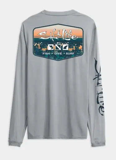 Salt Life® Men's L/S Mist Grey Heather Liquid Depth Badge SLX Performance T-Shirt