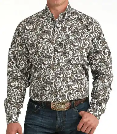 Cinch® Men's L/S White/Brown Paisley Print Button Shirt - Mens