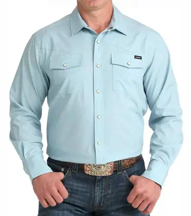 Cinch® Men's L/S Light Blue Stretch Ripstop Camp Snap Shirt - Mens