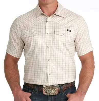 Cinch® Men's S/S Cream Windowpane Plaid ArenaFlex Camp Snap Shirt - Mens