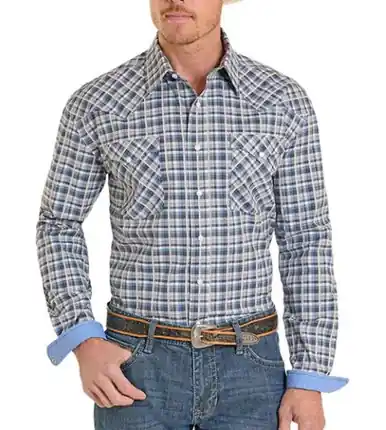 Panhandle Slim® Men's L/S Blue/Black Plaid Snap Shirt - Mens