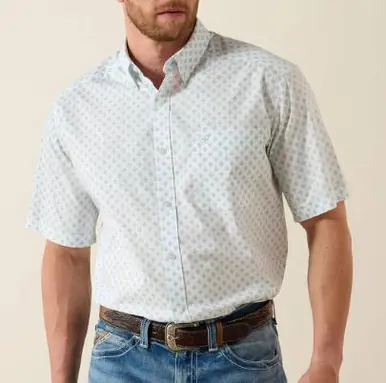Ariat® Men's S/S White/Light Blue Medallion Print Packert Classic Fit Button Shirt - Mens