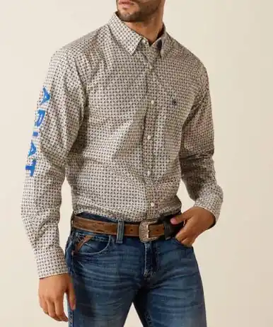 Ariat® Men's L/S Khaki/Dark Blue Geo Print Team Welles Fitted Button Shirt - Mens