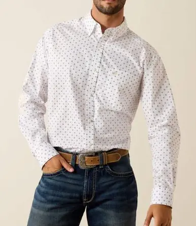 Ariat® Men's L/S White/Khaki Medallion Print Team Wake Classic Fit Button Shirt - Mens