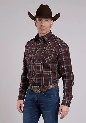 Roper® Men's L/S Brown/Blue Plaid Snap Shirt - Mens