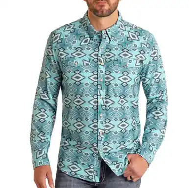 Rock & Roll Denim® Men's L/S Turquoise Aztec Print Snap Shirt - Mens