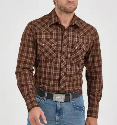 Wrangler Retro® Men's L/S Brown Plaid Modern Fit Snap Shirt - Mens