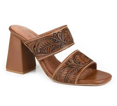 Roper® Ladies' Stella Tan Tooled Open Toe Sandals - Footwear