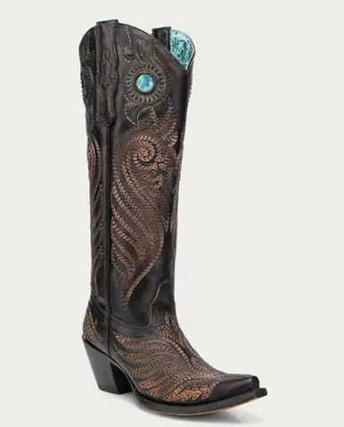 Corral® Ladies' Black/Honey Overlay Embroidered Snip Toe Tall Boots - Brands