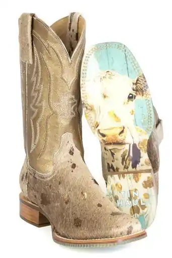 Tin Haul® Ladies' Golden Charlais/Spots of Gold Hair-On Square Toe Boots
