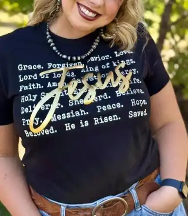 Texas True Threads® Ladies' S/S Black Jesus Gold Puff T-Shirt