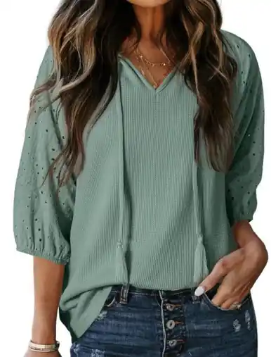 Shoppingwill® Ladies' 3/4 Eyelet Sleeve V-neck Jacquard Waffle Rope Top
