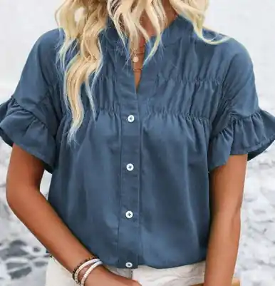 Shoppingwill® Ladies' Short Ruffle Sleeve Button Shirt