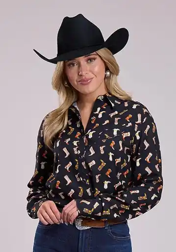 Roper® Ladies' L/S Black Boot Print Snap Shirt