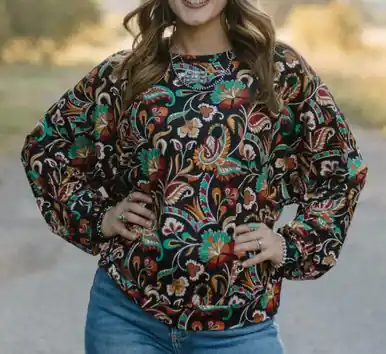 Sterling Kreek® Ladies' L/S Black/Multi Painted Paisley Top