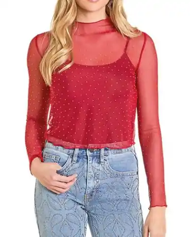 Rock & Roll Denim® Ladies' L/S Mesh Rhinestone Top - Red or Black
