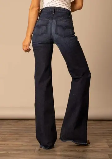 Kimes Ranch® Olivia Dark Wash HR Wide Leg Raw Hem Jeans - Ladies