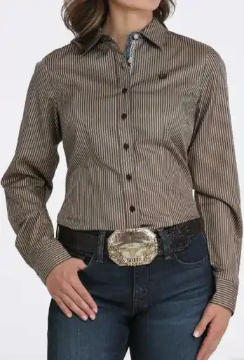 Cinch® Ladies' L/S Brown/Black Stripe Button Shirt