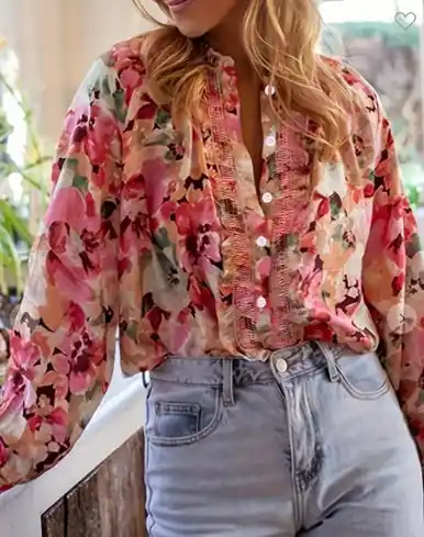 Shoppingwill® Ladies' L/S Floral Ruffle Placket Button Shirt