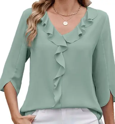 Shoppingwill® Ladies' 3/4 Sleeve Ruffle V-neck Loose Blouse