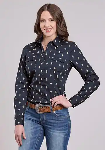 Roper® Ladies' L/S Blue/Aztec Print Snap Shirt
