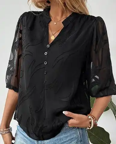 Shoppingwill® Ladies' Black 3/4 Sheer Sleeve Stand Up Collar Top