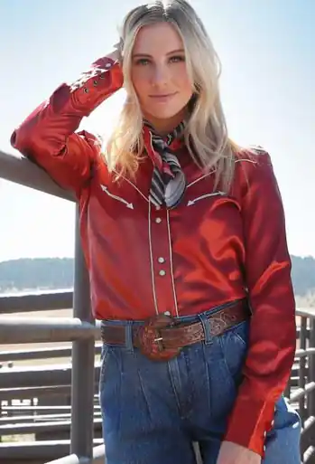 Cruel Denim® Ladies' L/S Rust/Cream Piping Satin Retro Snap Shirt