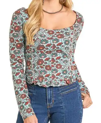 Rock & Roll Denim® Ladies' L/S Light Blue Floral Print Jersey Top