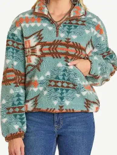 Rock & Roll Denim® Ladies' Turquoise 1/4 Zip Aztec Print Sherpa Pullover