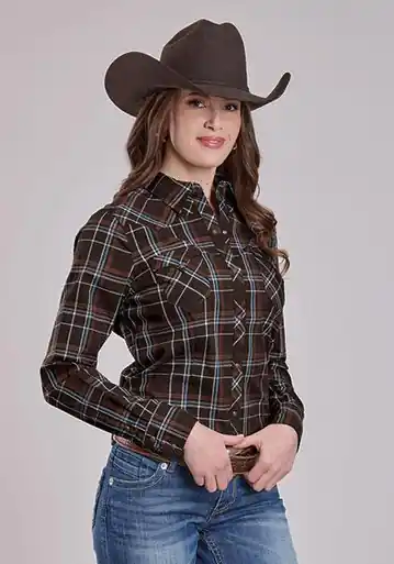 Roper® Ladies' L/S Brown/Blue Plaid Snap Shirt