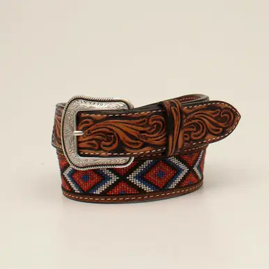 3D Belts® Men's 1.5" Tooled Tabs with Beaded Inlay Tan Belt - Accessories