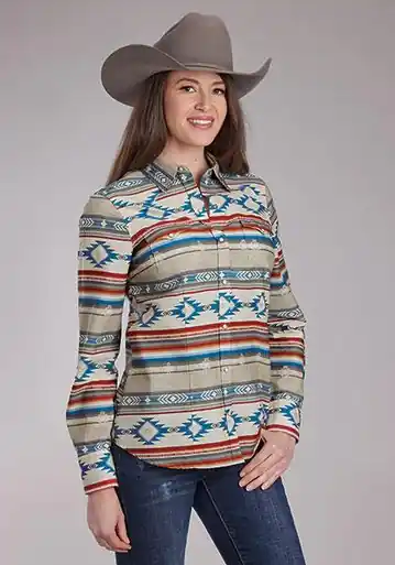 SALE Roper® Ladies' L/S Tan/Turquoise Aztec Print Snap Shirt - Sale Barn