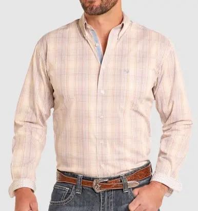 SALE Panhandle Rough Stock® Men's L/S Natural Ombre Plaid Button Shirt - Sale Barn