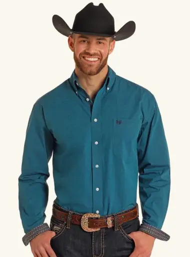 SALE Panhandle Rough Stock® Men's L/S Teal Iridescent Dobby Button Shirt - Sale Barn