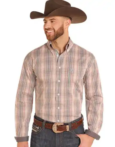 SALE Panhandle Rough Stock® Men's L/S Brown/Orange Plaid Button Shirt - Sale Barn
