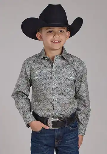 SALE Roper® Boys' L/S Grey Medallion Snap Shirt - Sale Barn