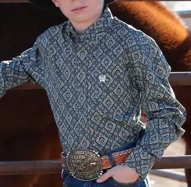 SALE Cinch® Boys' L/S Grey/Teal Diamond Print Button Shirt - Sale Barn