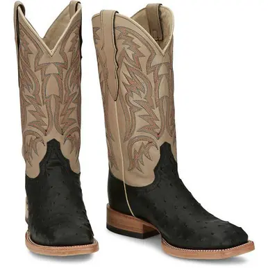 SALE Justin® Men's Doc Bar Black FQ Ostrich/Bone Square Toe Boots - Sale Barn