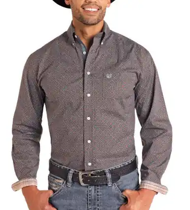 SALE Rock & Roll Denim® Men's L/S Brown Print Button Shirt - Sale Barn