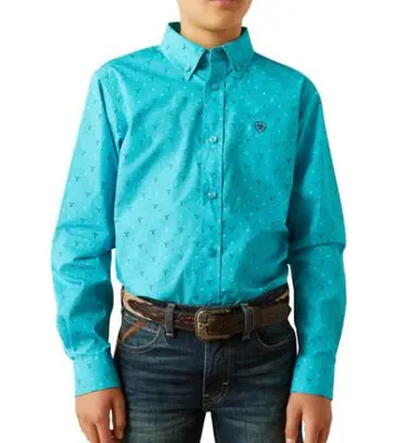 Ariat® Boys' L/S Wilke Turquoise Steerhead Print Classic Fit Button Shirt - Kids