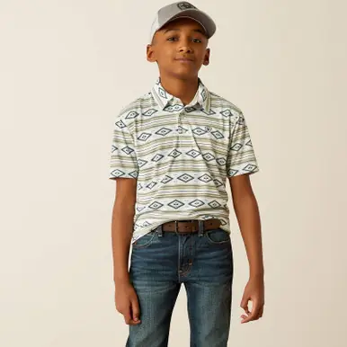 Ariat® Boys' S/S White Serape Allover Print Polo Shirt - Kids
