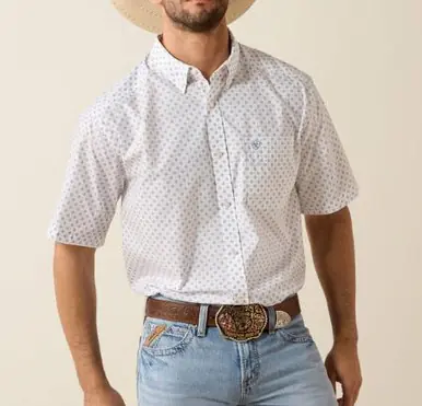 Ariat® Men's S/S White/Blue Medallion Print Tenzin Classic Fit Button Shirt - Mens
